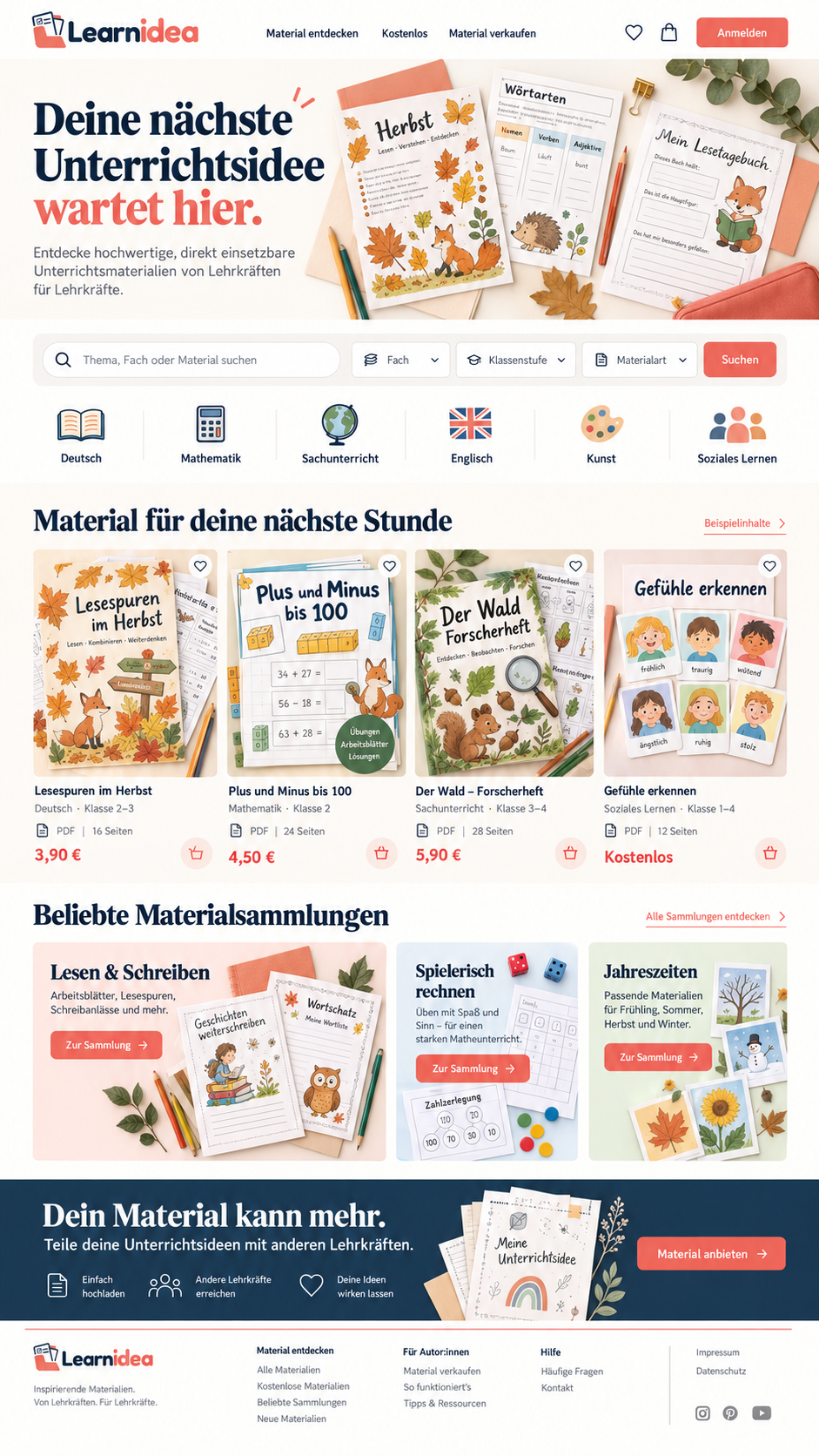 Herbstliche Arbeitsblätter, ein Lesetagebuch und ein Wortartenblatt auf einem kreativen Schreibtisch